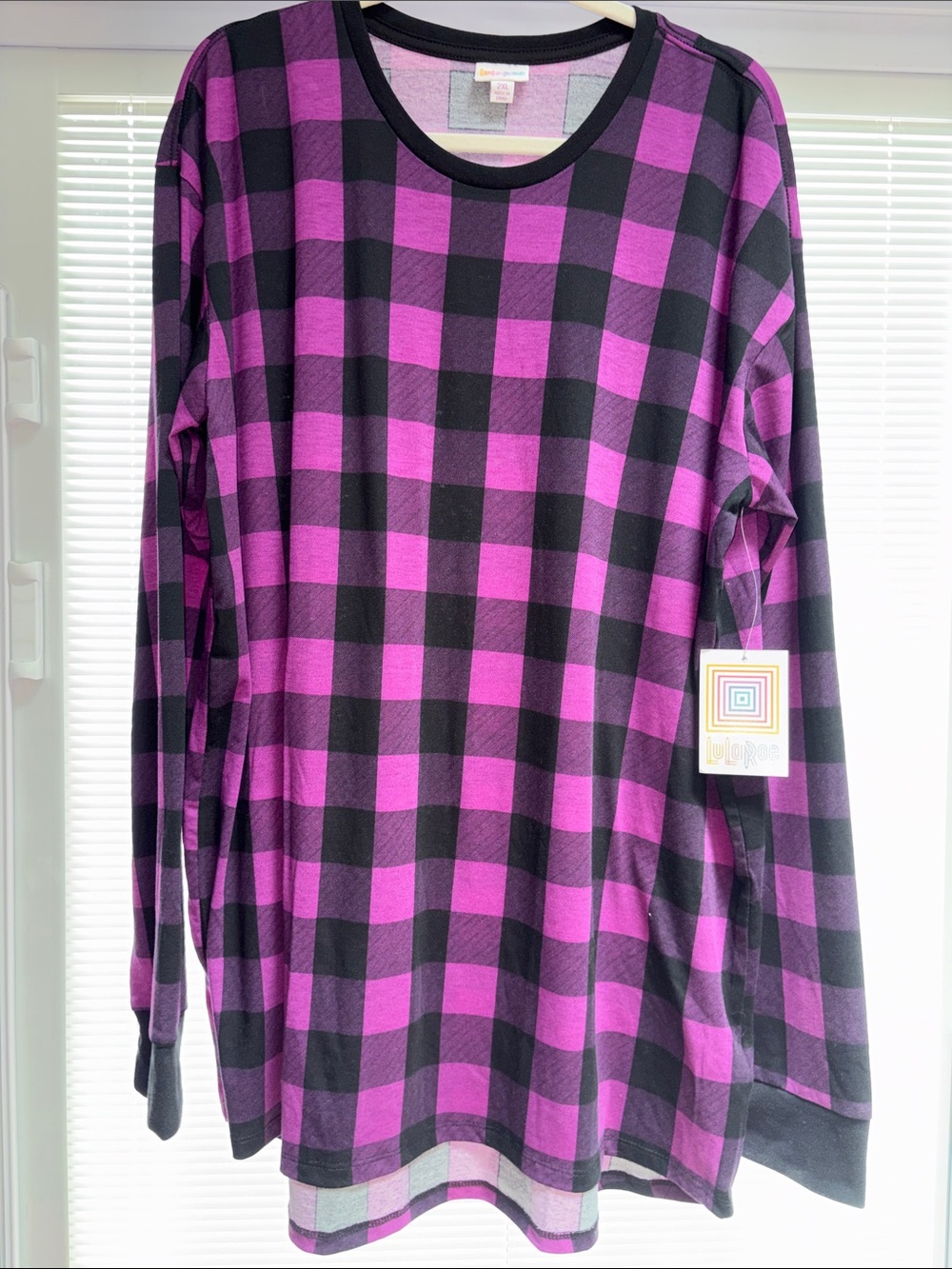LuLaRoe Purple & Black Buffalo Plaid Long Sleeve unisex Hudson Top